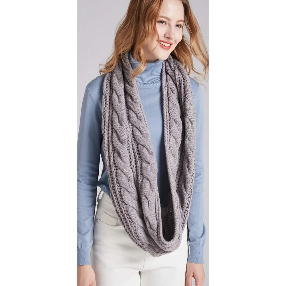 Women's Twist Grey Thick Ribbed Knit Winter Infinity Circle Loop Scarf